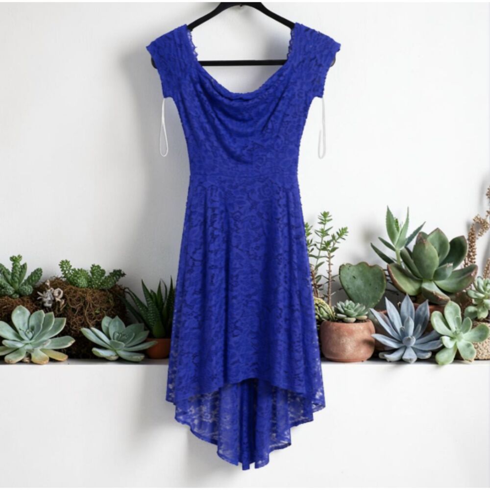 Royal Blue Off-Shoulder Lace High-Low Dress – Elegant Evening Party Dress